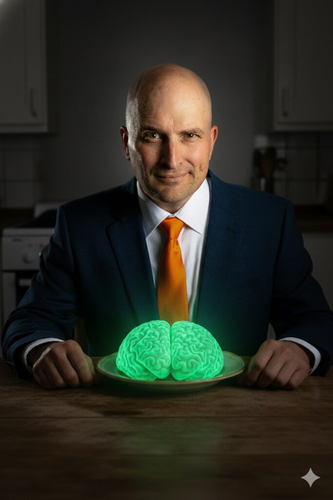 A generative AI image of me with a glowing brain on a plate for my 72 hour fast